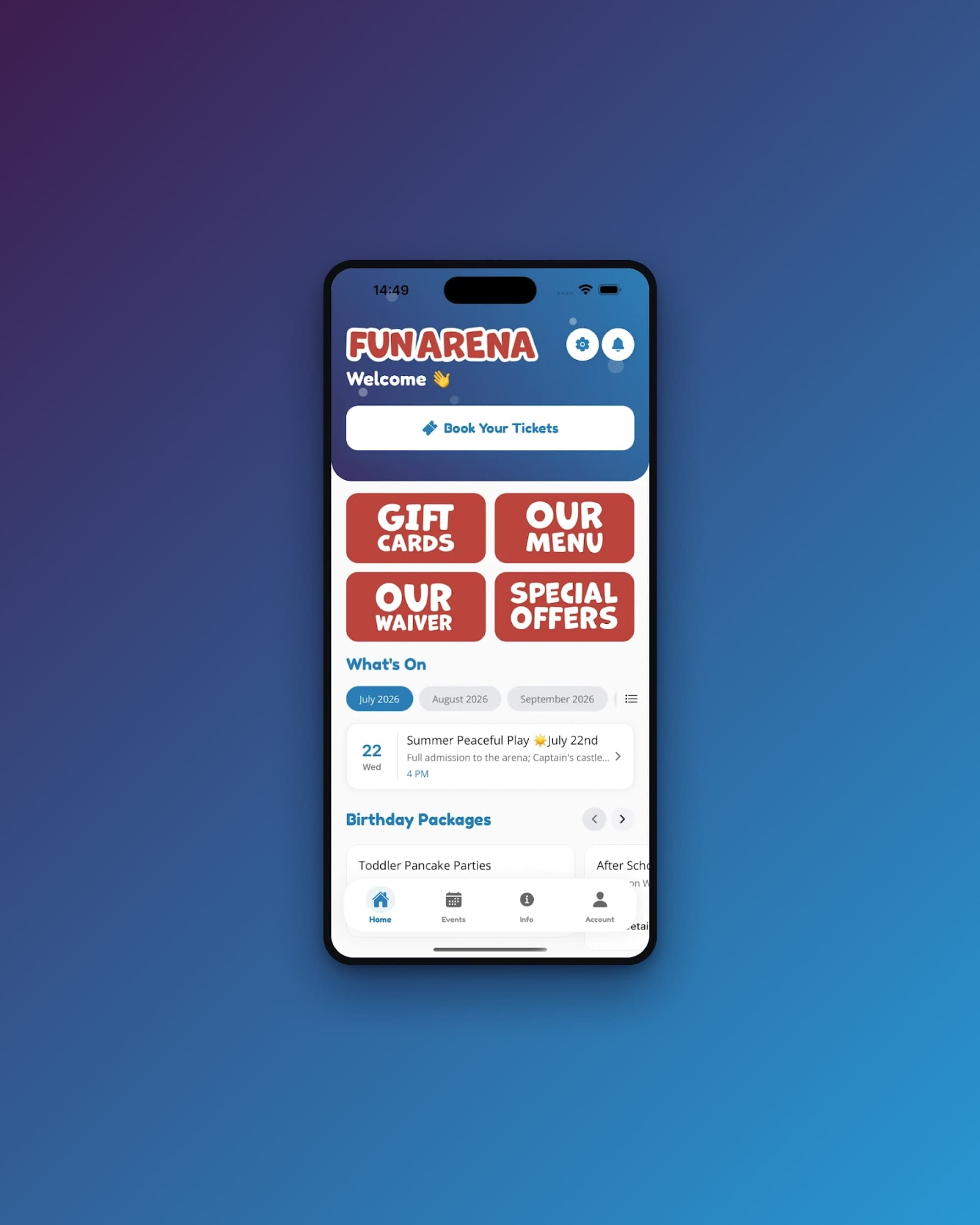 Fun Arena app home screen on a phone, with Book Your Tickets, gift cards, menu, offers, What's On and birthday packages