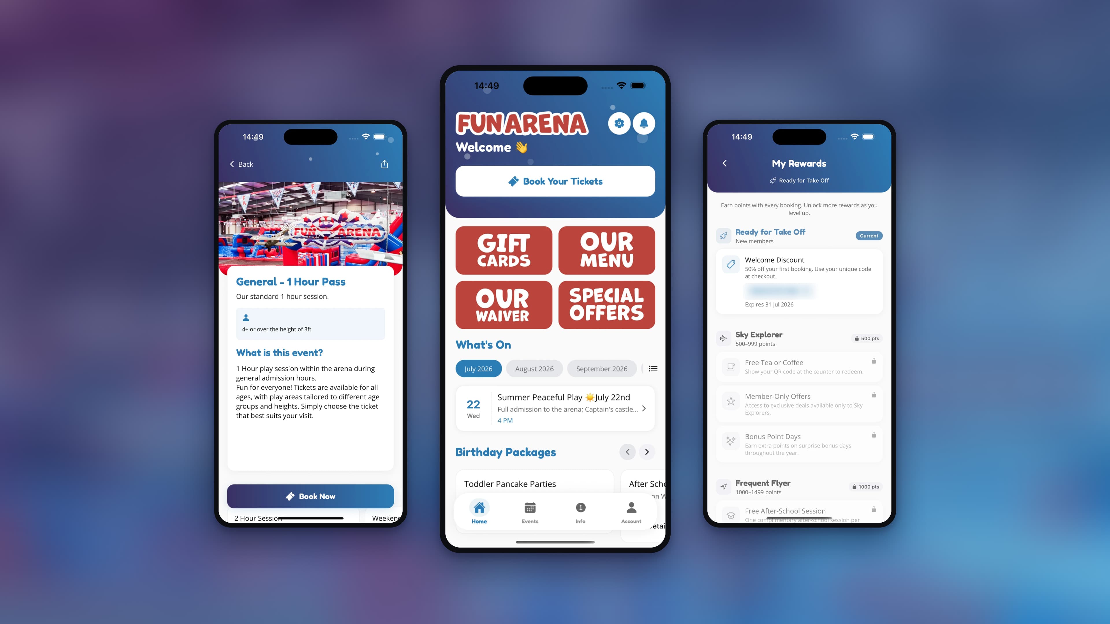 Three Fun Arena app screens on phones: a 1 hour pass booking page, the home screen with Book Your Tickets, and My Rewards