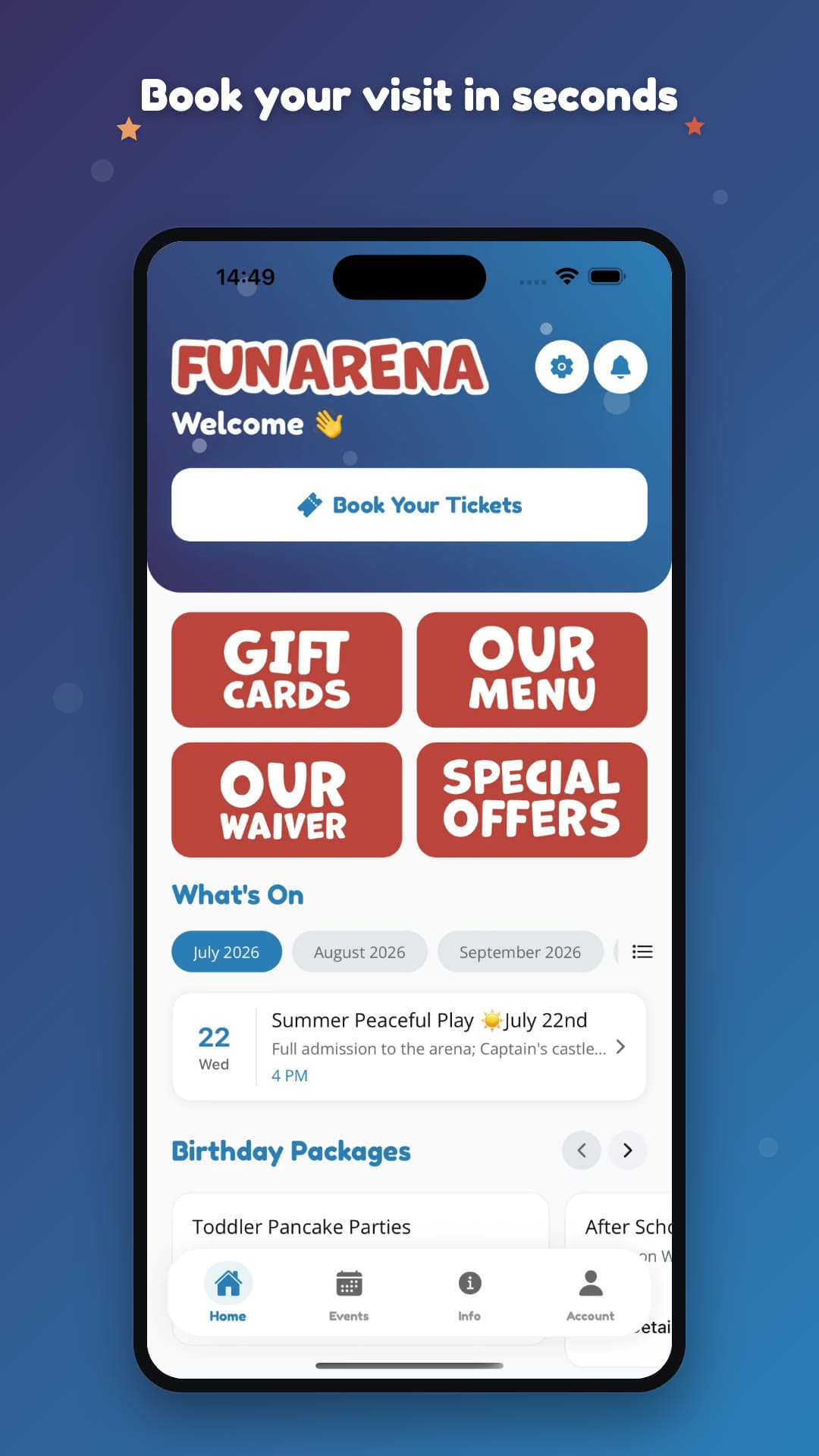Fun Arena app home screen on a phone, headed Book your visit in seconds, with Book Your Tickets, gift cards, menu, waiver, offers and What's On
