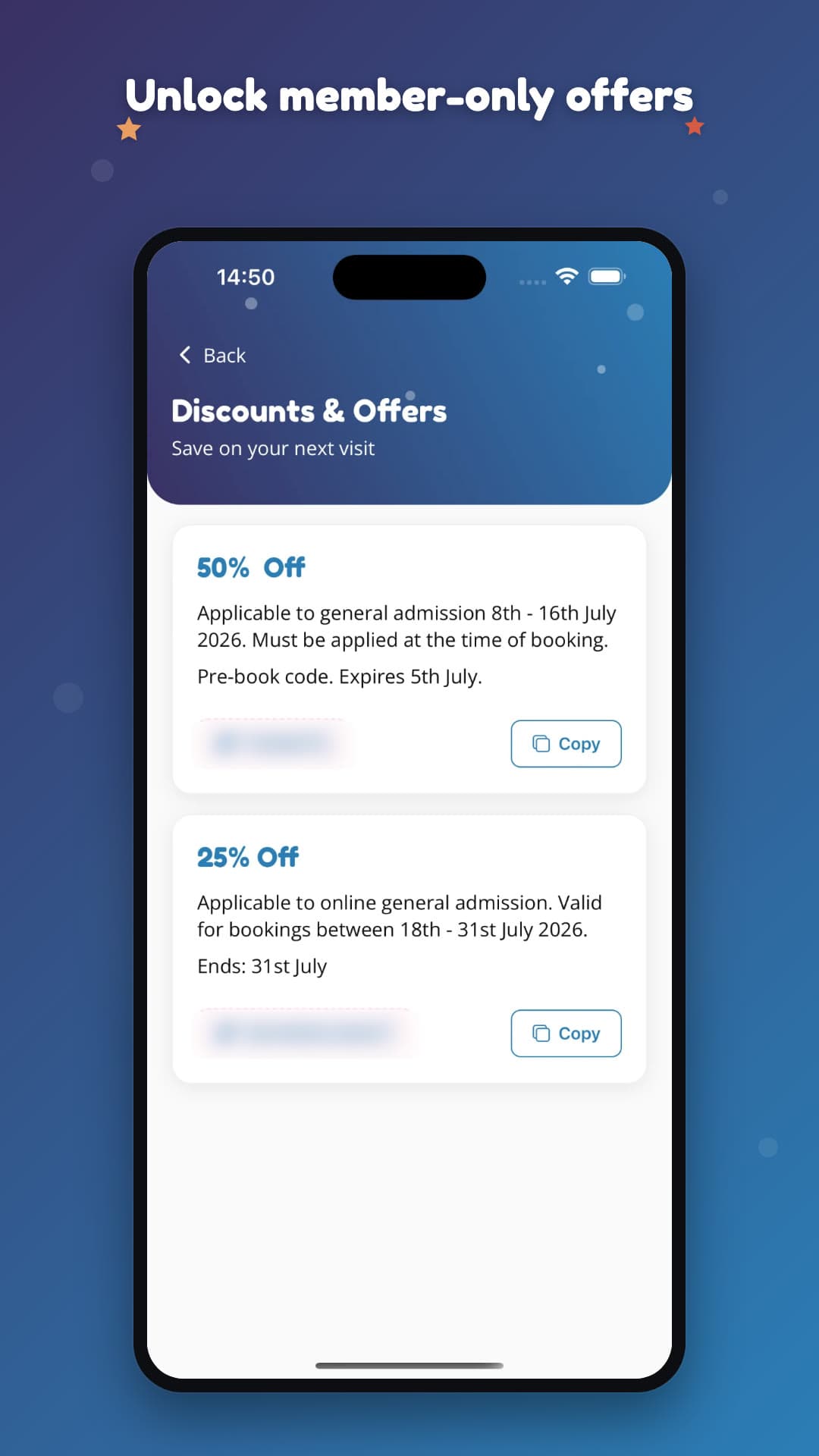 Fun Arena app Discounts & Offers screen on a phone, headed Unlock member-only offers, with 50% and 25% off codes